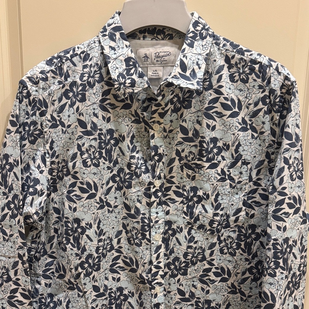 Original Penguin White Button-Down Shirt with Navy Floral Print